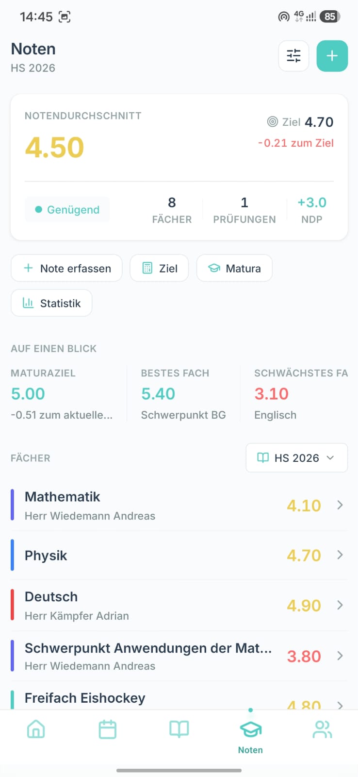 Noten-Ansicht mit aktuellem Durchschnitt, Notenziel sowie Notenziel- und Matura-Rechner