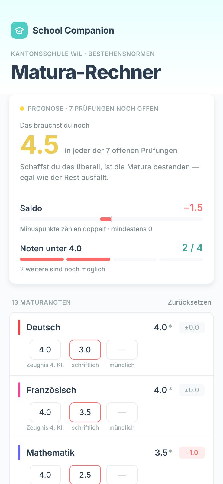 Matura-Rechner: Prognose mit Saldo, Anzahl Noten unter 4.0 und der Note, die in den offenen Prüfungen noch nötig ist