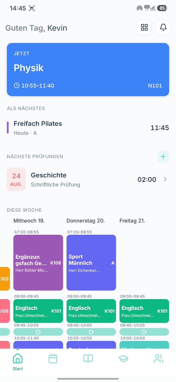 School Companion Übersicht mit aktueller Lektion, nächster Lektion und Wochenplan