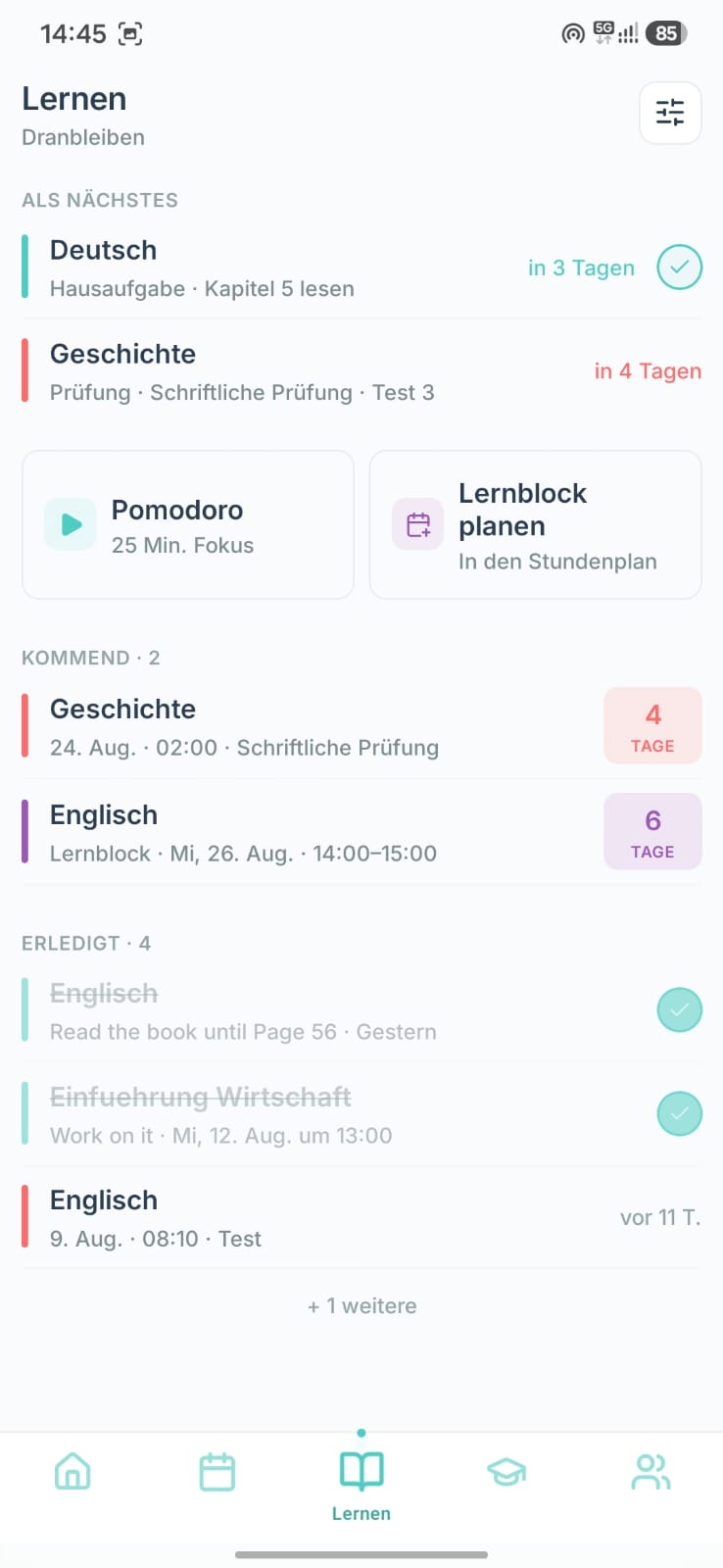 Study-Ansicht mit automatisch generierten Lernsessions und Prüfungsübersicht